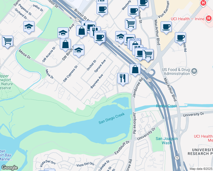 map of restaurants, bars, coffee shops, grocery stores, and more near 43 Gannet Lane in Newport Beach