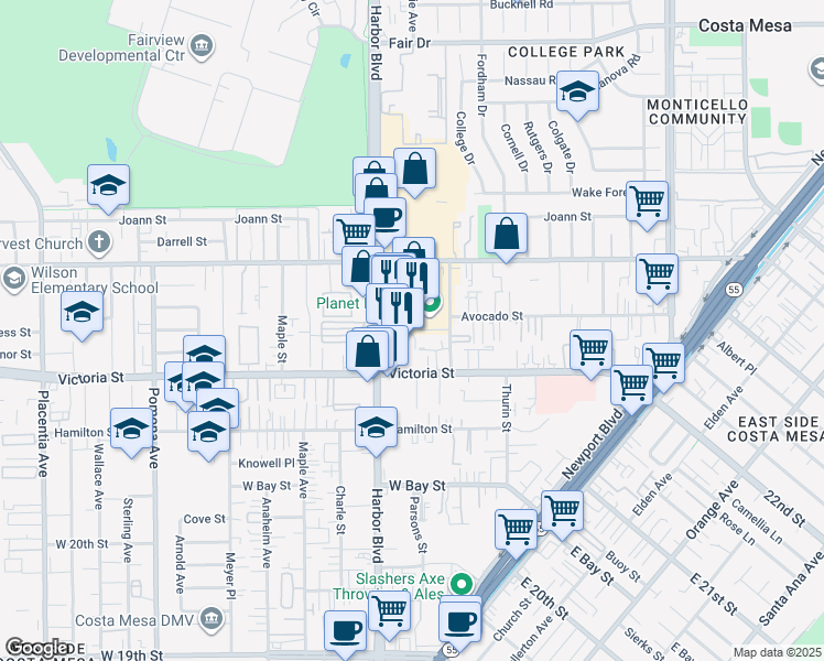 map of restaurants, bars, coffee shops, grocery stores, and more near 439 Bryson Springs in Costa Mesa