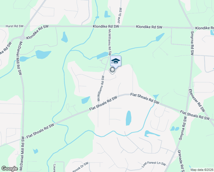 map of restaurants, bars, coffee shops, grocery stores, and more near 1390 McWilliams Rd SW in Conyers