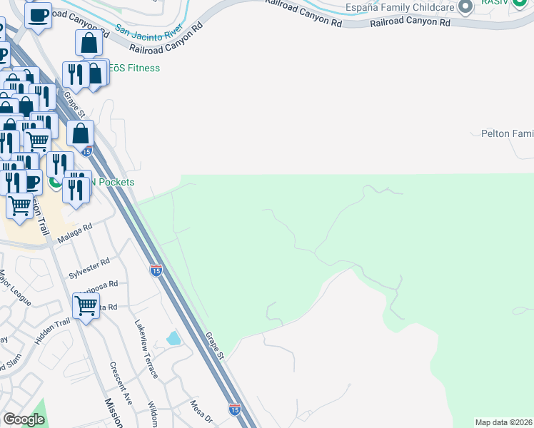 map of restaurants, bars, coffee shops, grocery stores, and more near 32397 Elsinore Heights Drive in Wildomar