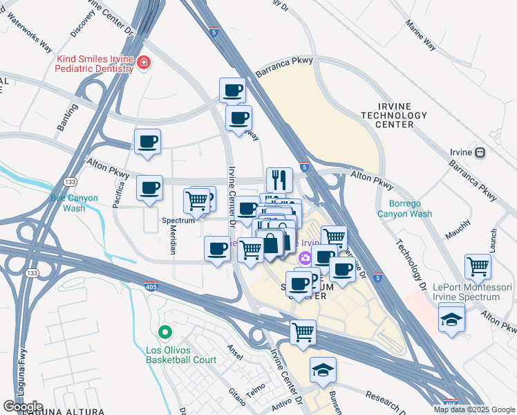 map of restaurants, bars, coffee shops, grocery stores, and more near 300 Spectrum Center Drive in Irvine