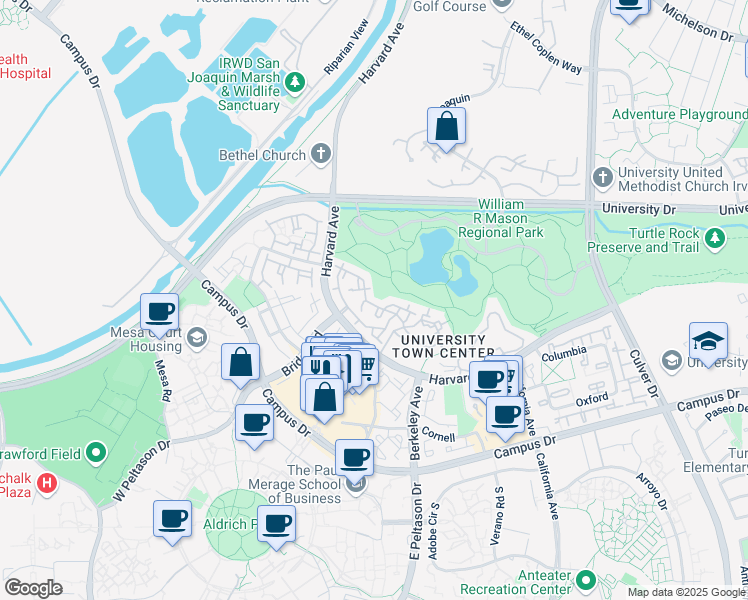 map of restaurants, bars, coffee shops, grocery stores, and more near 45 Lehigh Aisle in Irvine