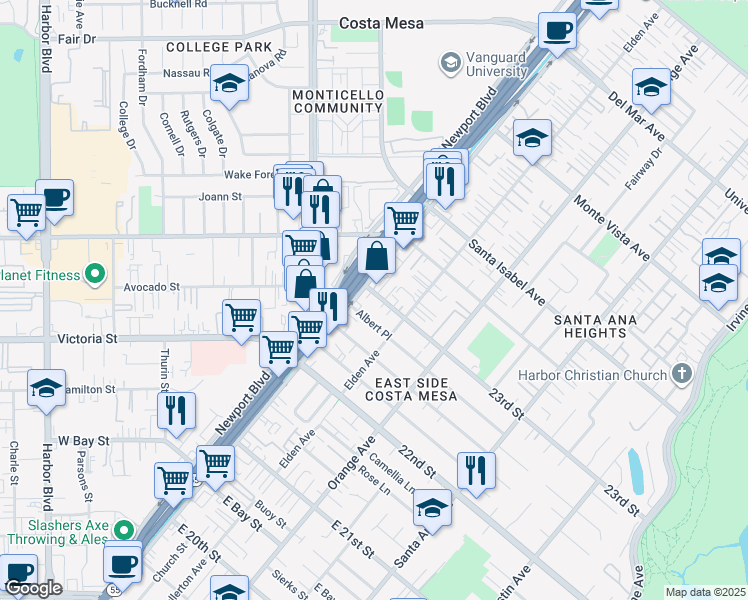 map of restaurants, bars, coffee shops, grocery stores, and more near 117 23rd Street in Costa Mesa
