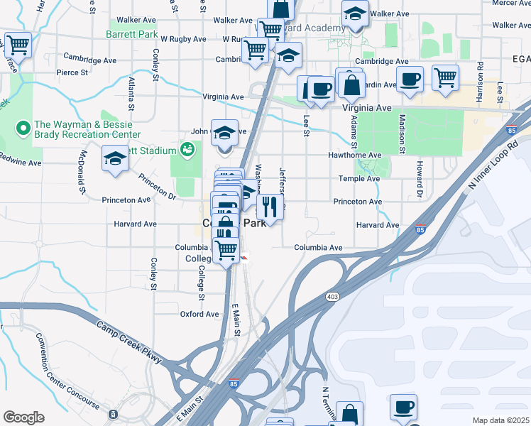 map of restaurants, bars, coffee shops, grocery stores, and more near 1770 Princeton Avenue in College Park