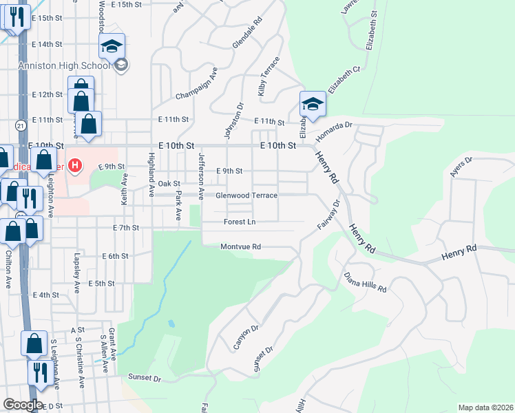 map of restaurants, bars, coffee shops, grocery stores, and more near 717 Lockwood Avenue in Anniston