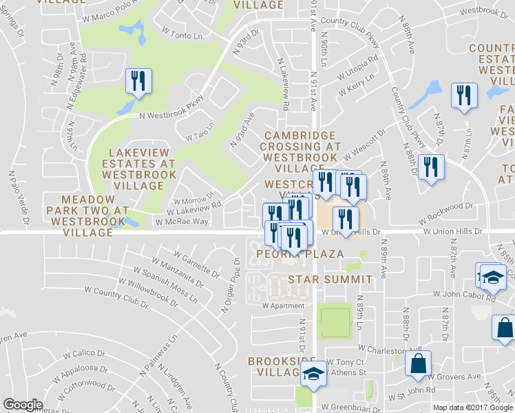 map of restaurants, bars, coffee shops, grocery stores, and more near 18711 North 92nd Drive in Peoria