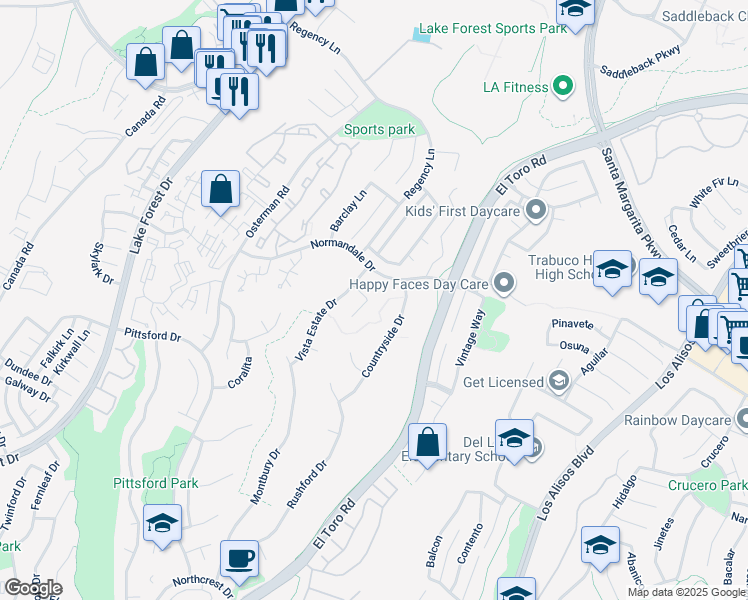 map of restaurants, bars, coffee shops, grocery stores, and more near 21282 Hillside Court in Lake Forest