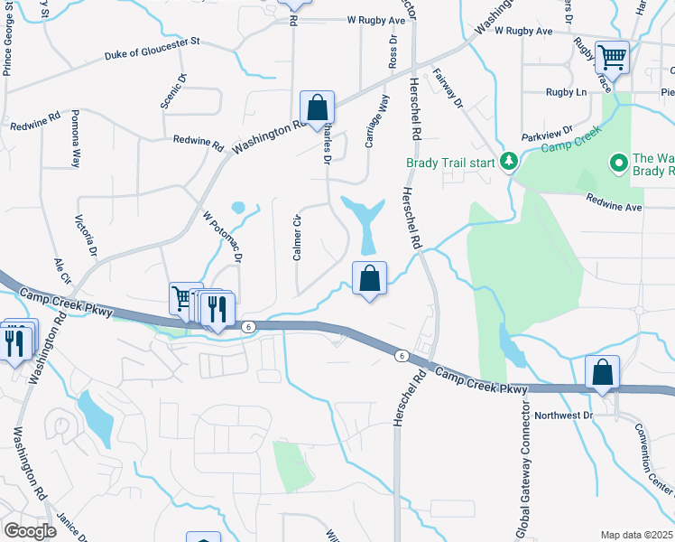 map of restaurants, bars, coffee shops, grocery stores, and more near 3710 Charles Drive in East Point