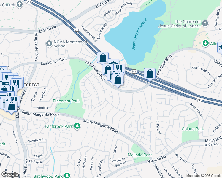 map of restaurants, bars, coffee shops, grocery stores, and more near 21243 Trivoli in Mission Viejo