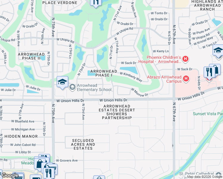 map of restaurants, bars, coffee shops, grocery stores, and more near 7102 West Julie Drive in Glendale