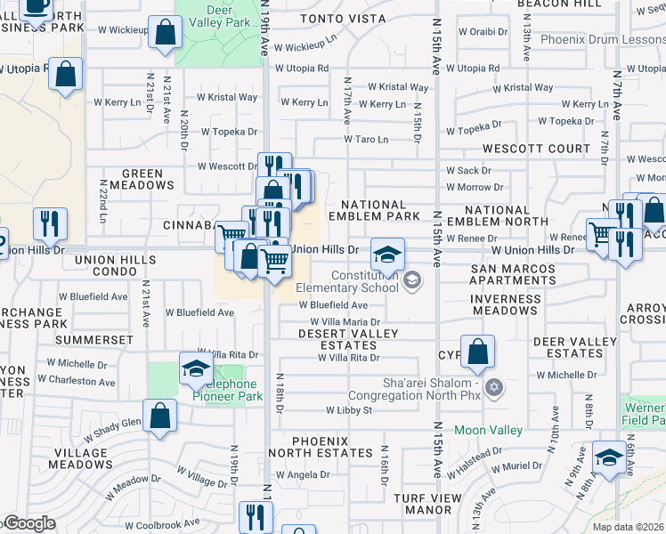 map of restaurants, bars, coffee shops, grocery stores, and more near 1715 West Villa Theresa Drive in Phoenix