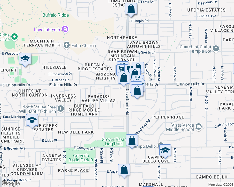 map of restaurants, bars, coffee shops, grocery stores, and more near 18416 North Cave Creek Road in Phoenix