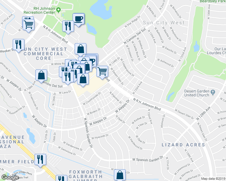 map of restaurants, bars, coffee shops, grocery stores, and more near 18831 North Palomar Drive in Sun City West
