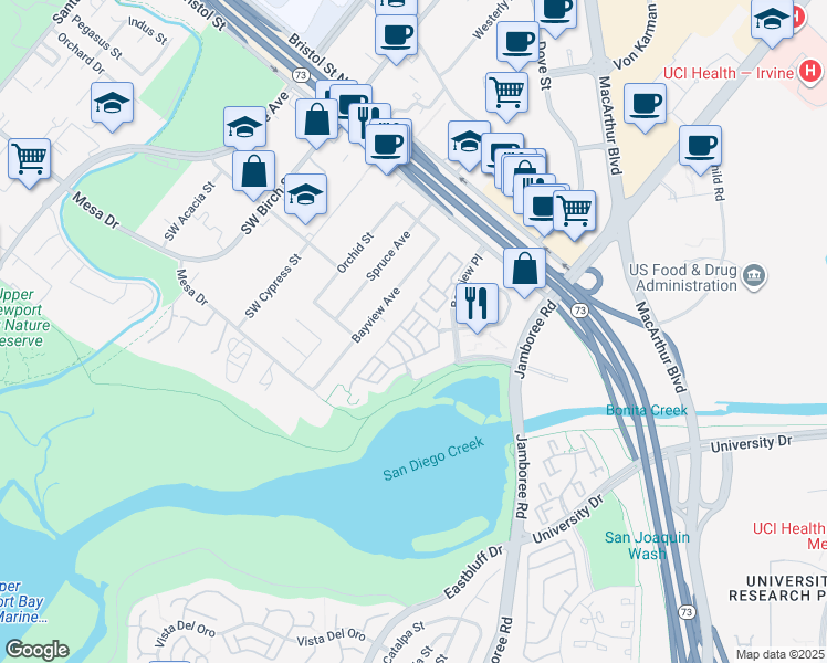 map of restaurants, bars, coffee shops, grocery stores, and more near 43 Gannet Lane in Newport Beach