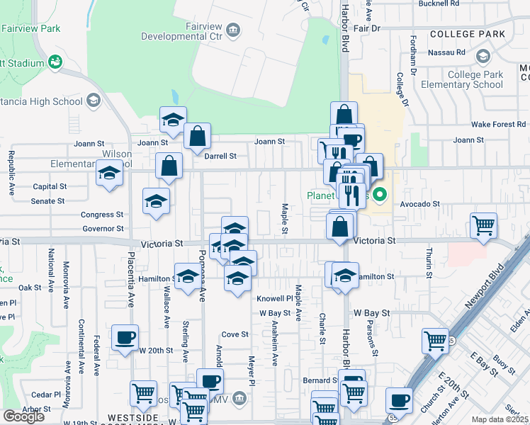 map of restaurants, bars, coffee shops, grocery stores, and more near 603 San Michel Drive North in Costa Mesa