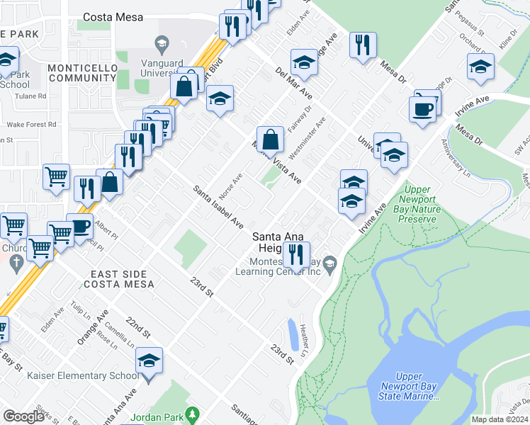 map of restaurants, bars, coffee shops, grocery stores, and more near 285 Brentwood Place in Costa Mesa