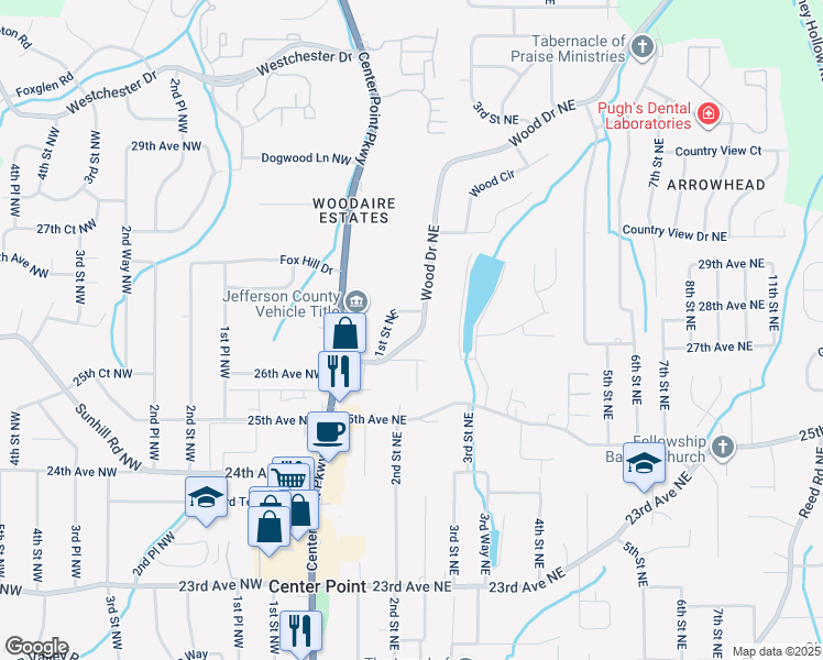 map of restaurants, bars, coffee shops, grocery stores, and more near 2617 1st Street Northeast in Center Point