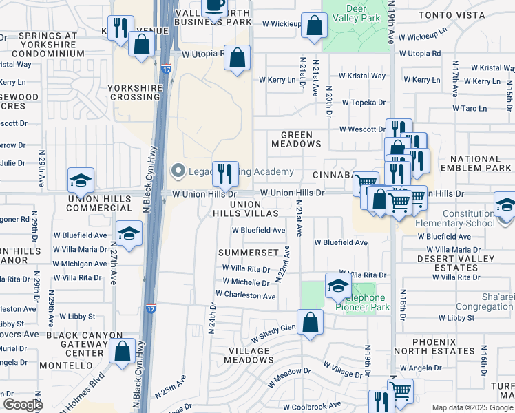 map of restaurants, bars, coffee shops, grocery stores, and more near 2201 West Union Hills Drive in Phoenix