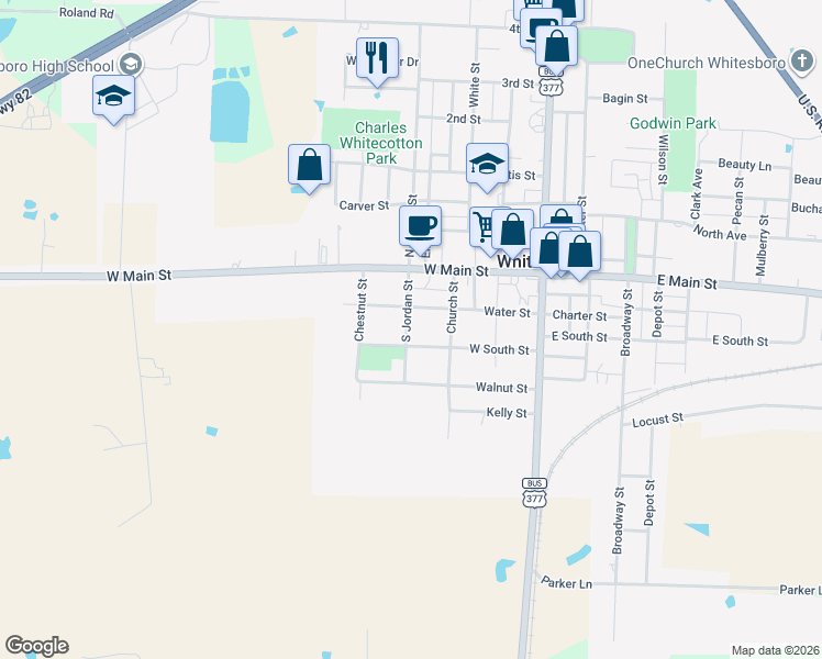 map of restaurants, bars, coffee shops, grocery stores, and more near 210 South Jordan Street in Whitesboro