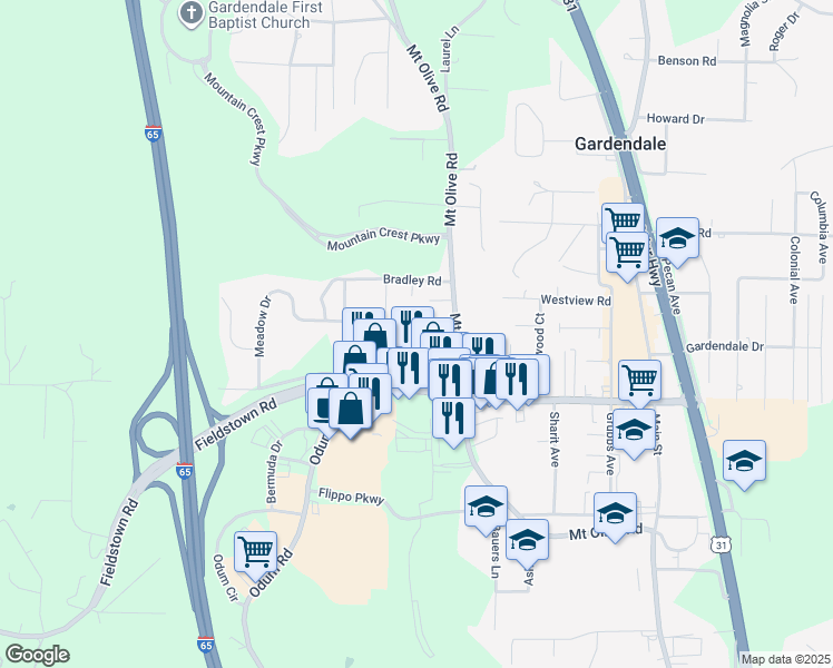 map of restaurants, bars, coffee shops, grocery stores, and more near 512 Parks Road in Gardendale