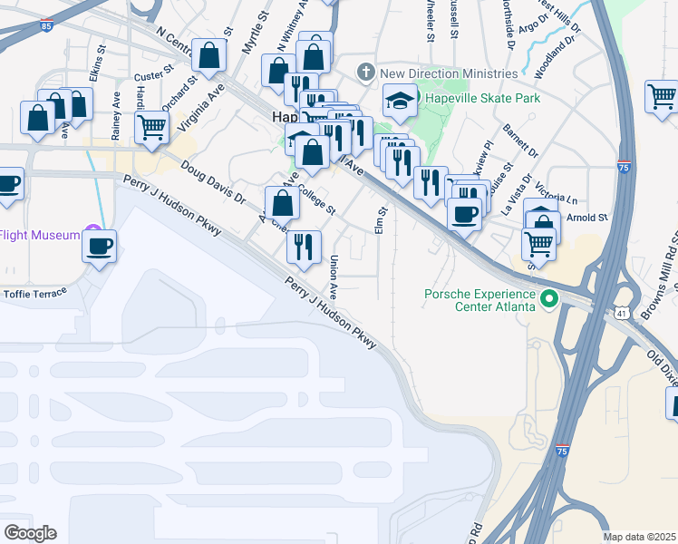 map of restaurants, bars, coffee shops, grocery stores, and more near 3670 Union Avenue in Hapeville
