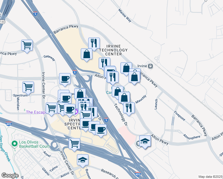 map of restaurants, bars, coffee shops, grocery stores, and more near 45 Technology Drive in Irvine