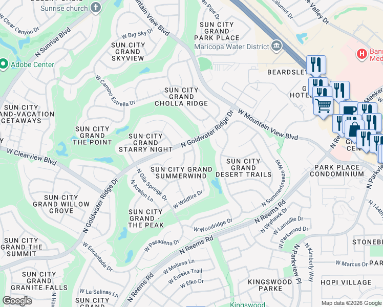 map of restaurants, bars, coffee shops, grocery stores, and more near 15114 West Waterford Drive in Surprise