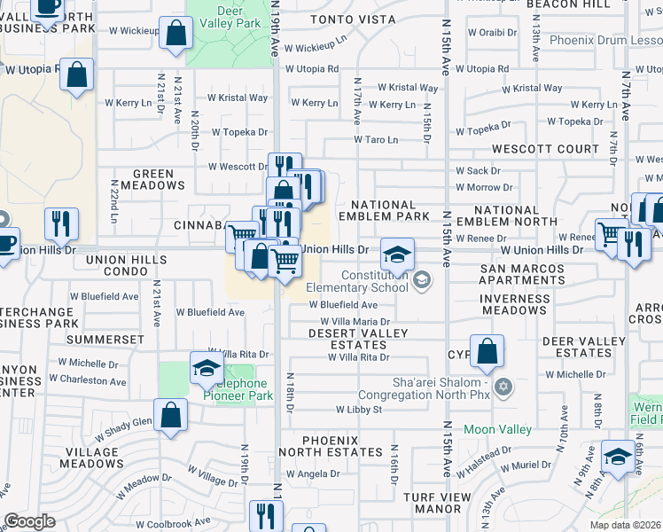 map of restaurants, bars, coffee shops, grocery stores, and more near 1715 West Villa Theresa Drive in Phoenix