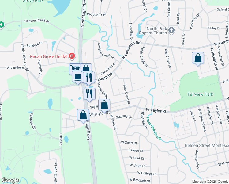 map of restaurants, bars, coffee shops, grocery stores, and more near 2010 Oak Creek Circle in Sherman