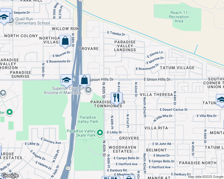 map of restaurants, bars, coffee shops, grocery stores, and more near 4050 East Bluefield Avenue in Phoenix