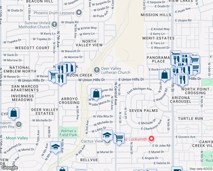 map of restaurants, bars, coffee shops, grocery stores, and more near 119 West Villa Theresa Drive in Phoenix