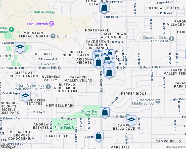 map of restaurants, bars, coffee shops, grocery stores, and more near 18416 North Cave Creek Road in Phoenix