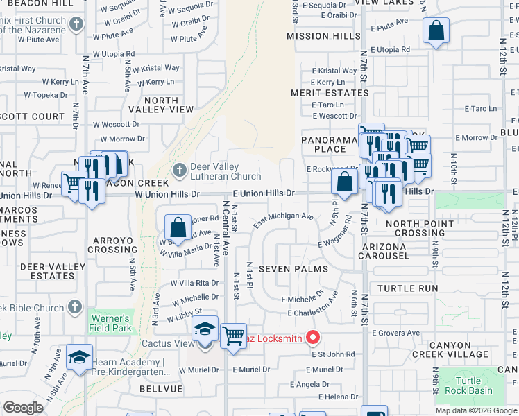 map of restaurants, bars, coffee shops, grocery stores, and more near 107 East Villa Theresa Drive in Phoenix