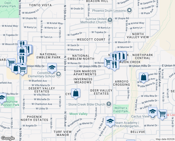 map of restaurants, bars, coffee shops, grocery stores, and more near 18429 North 11th Avenue in Phoenix