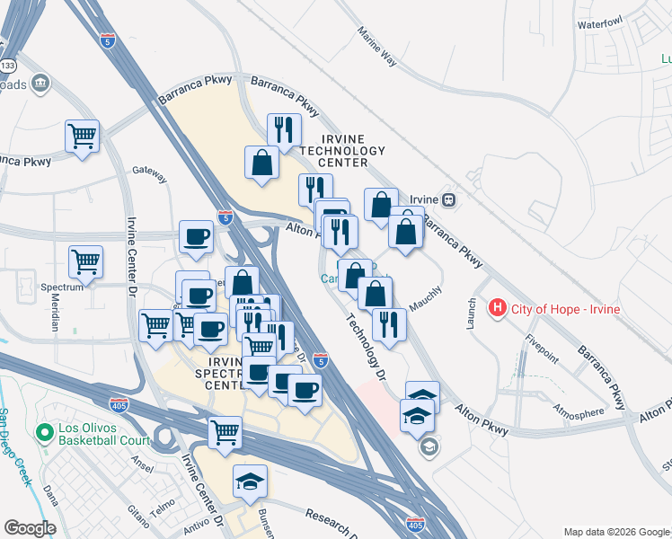 map of restaurants, bars, coffee shops, grocery stores, and more near 45 Technology Drive in Irvine