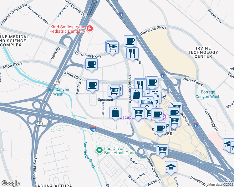 map of restaurants, bars, coffee shops, grocery stores, and more near 1170 Spectrum in Irvine