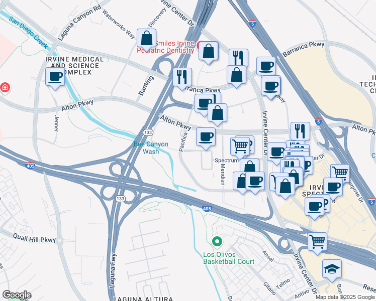 map of restaurants, bars, coffee shops, grocery stores, and more near 423 Pacifica in Irvine