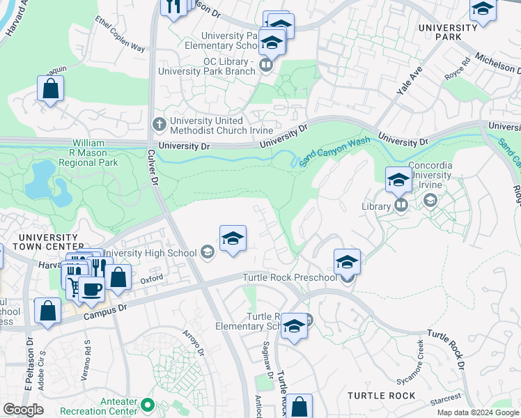 map of restaurants, bars, coffee shops, grocery stores, and more near 186 Rockview in Irvine