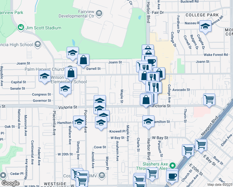 map of restaurants, bars, coffee shops, grocery stores, and more near 603 San Michel Drive North in Costa Mesa