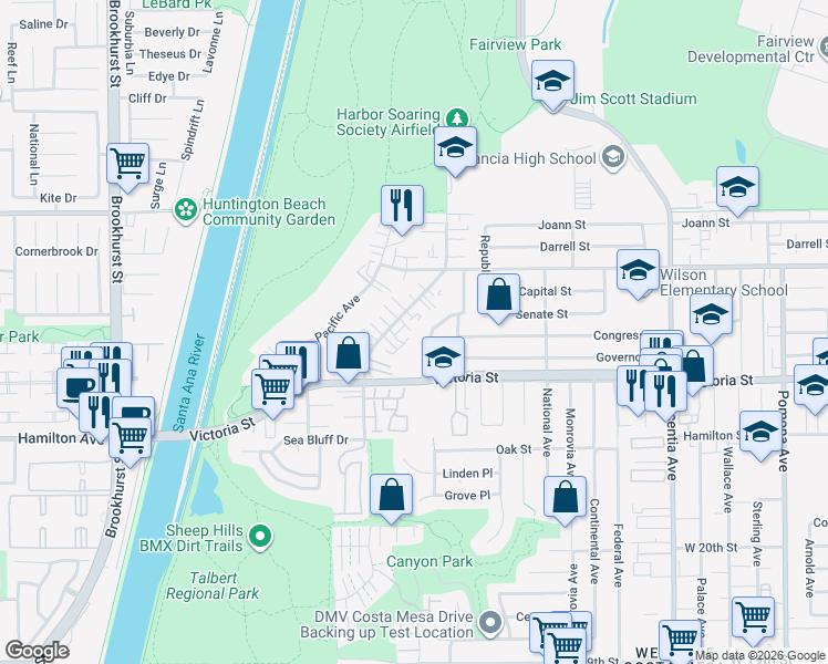 map of restaurants, bars, coffee shops, grocery stores, and more near 2191 American Avenue in Costa Mesa