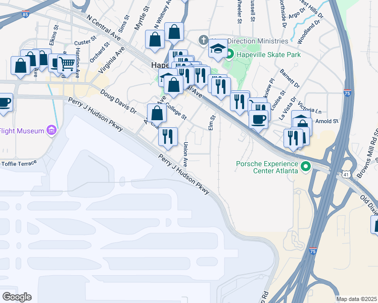 map of restaurants, bars, coffee shops, grocery stores, and more near 3670 Union Avenue in Hapeville