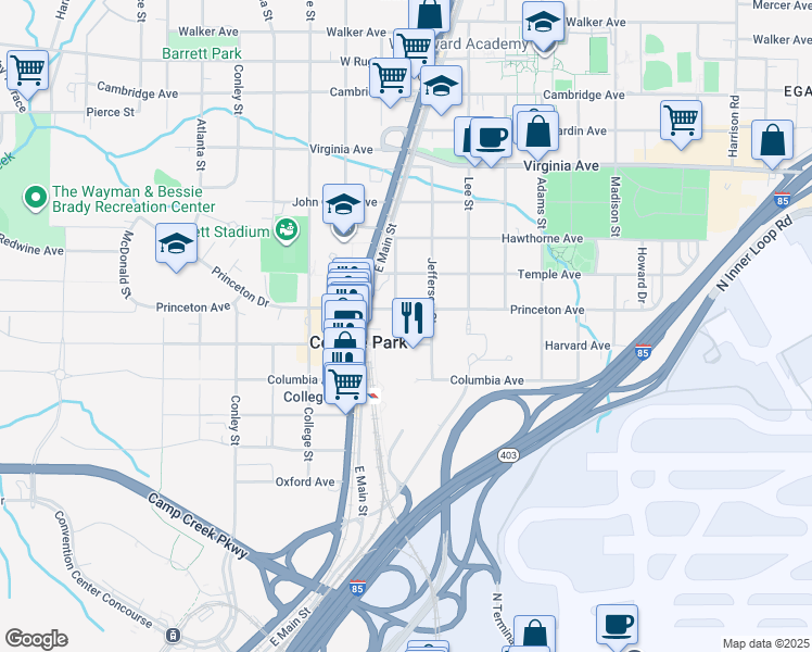 map of restaurants, bars, coffee shops, grocery stores, and more near 1770 Princeton Avenue in College Park
