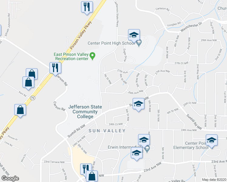 map of restaurants, bars, coffee shops, grocery stores, and more near 624 26th Avenue Northwest in Center Point