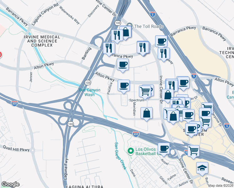 map of restaurants, bars, coffee shops, grocery stores, and more near 10338 Spectrum in Irvine