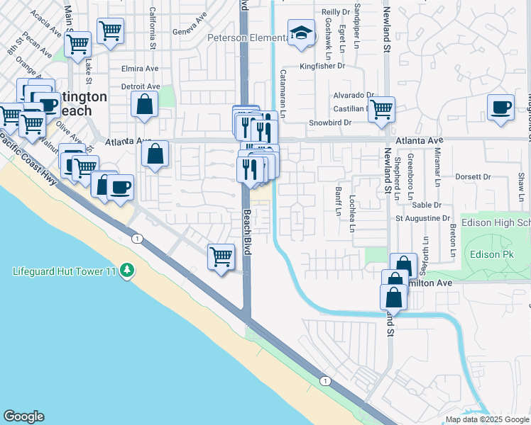 map of restaurants, bars, coffee shops, grocery stores, and more near 21266 Beach Boulevard in Huntington Beach