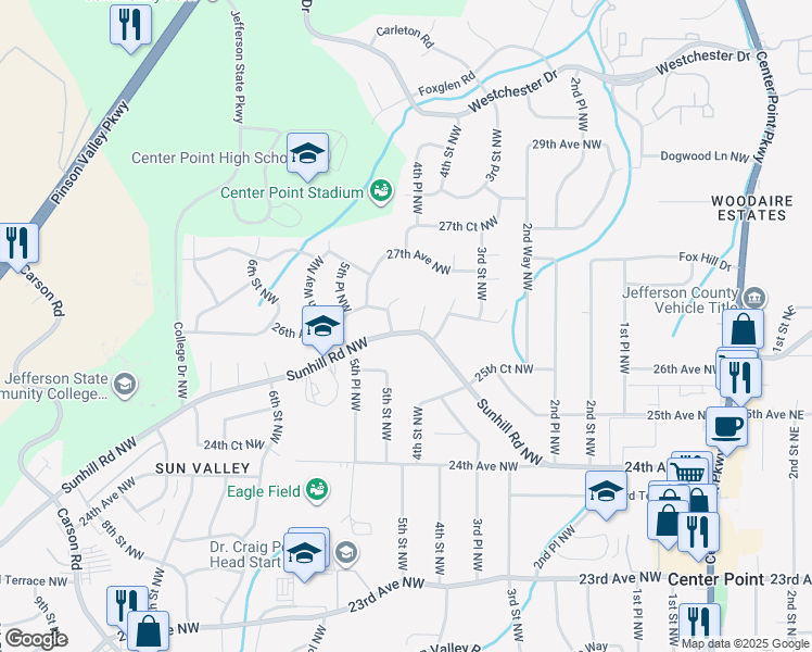 map of restaurants, bars, coffee shops, grocery stores, and more near 448 Sunhill Road Northwest in Center Point