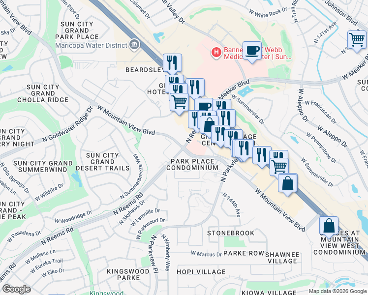 map of restaurants, bars, coffee shops, grocery stores, and more near N Reems Rd & W Mountain View Blvd in Surprise