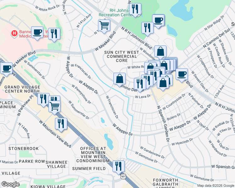 map of restaurants, bars, coffee shops, grocery stores, and more near 13726 West Tartan Drive in Sun City West