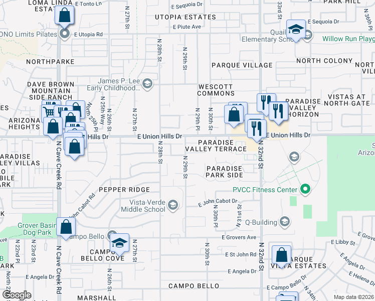 map of restaurants, bars, coffee shops, grocery stores, and more near 2902 East Wagoner Road in Phoenix