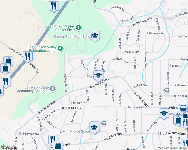map of restaurants, bars, coffee shops, grocery stores, and more near 532 26th Avenue Northwest in Center Point